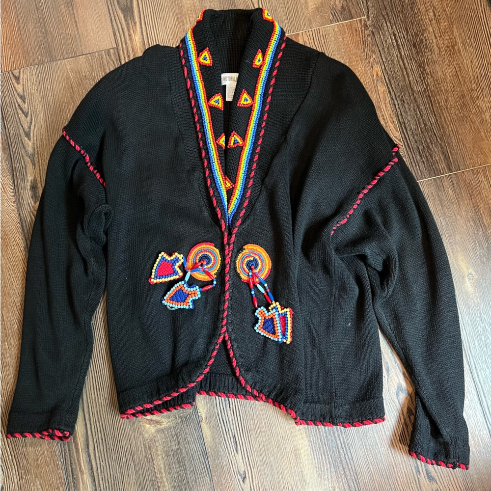 Vintage southwestern  beaded turquoise Native American fringe sweater
size large